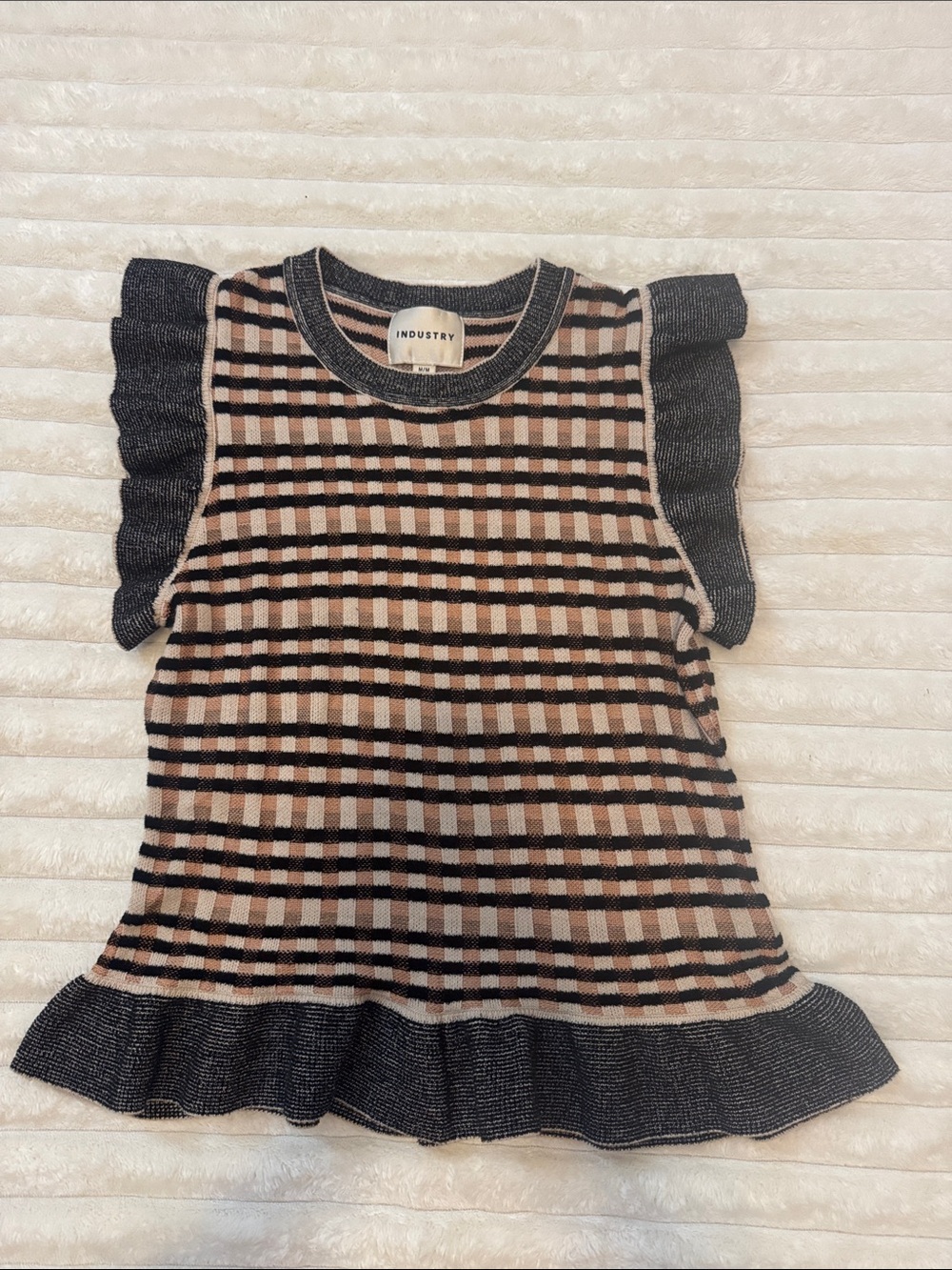 Industry Plaid Knit Ruffle Sleeve Sweater Top Medium Cream Black Gray